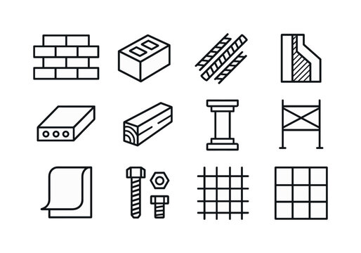 Construction Icons Grid. Construction elements. Line icon set of Construction elements: brick wall, cinder block, rebar rods, wall section, floor panel, wooden