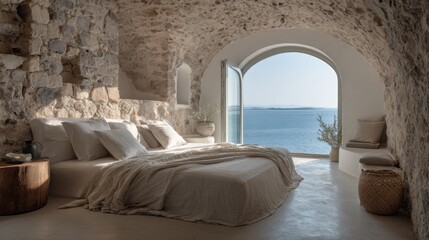 Bright room, sea view, stone walls
