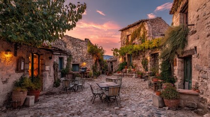 Old stone village at dusk