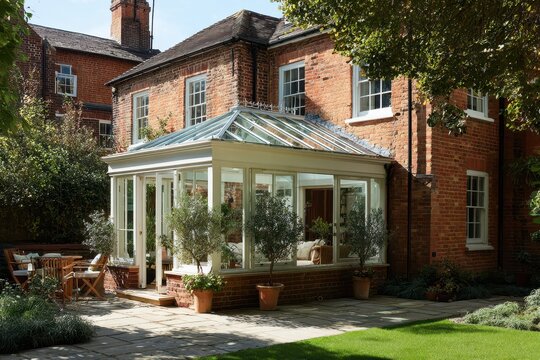 Bright conservatory attached to a red brick house with lush surroundings