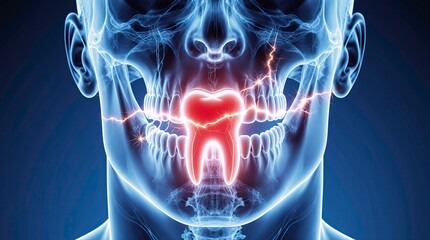 3d render human teeth and jaw in a semi-transparent x-ray style, one tooth in the center glows bright red, surrounded by electric sparks and effects symbolizing sharp dental pain or tooth sensitivity.