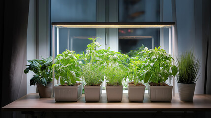 Indoor plants are illuminated by LED grow lights in a contemporary setting.