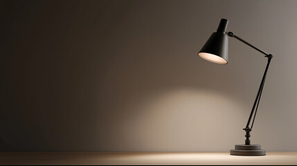 A minimalist desk lamp is illuminated on a tidy workspace, casting soft shadows.