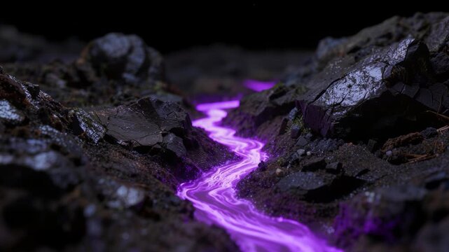 A mesmerizing purple glowing liquid stream winds through cracked dark rocks on an alien planet, casting an ethereal violet radiance in the shadows