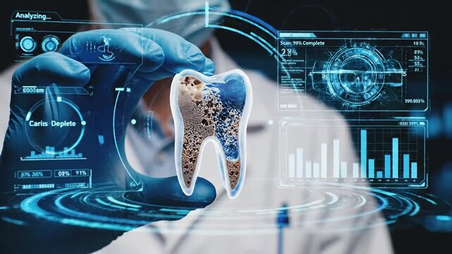 Dentist analyzing tooth with advanced digital diagnostics interface and futuristic technology in a clinical setting