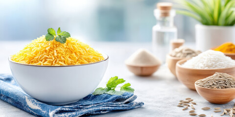 Yellow rice in white bowl with fresh herb on top and various rice grains in wooden bowls on table