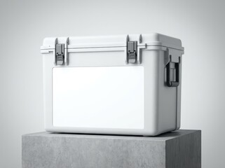 White plastic cooler box with latches and handle