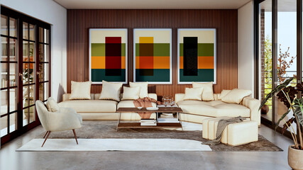 Fototapeta premium Large luxury modern bright interiors Living room mockup illustration 3D rendering image