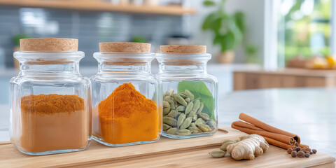 Jars of turmeric powder, cardamom pods, and cinnamon sticks on wooden board in kitchen