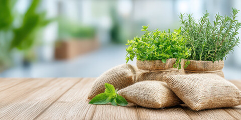 Herbs in jute sacks on wooden table with fresh green leaves in bright natural light