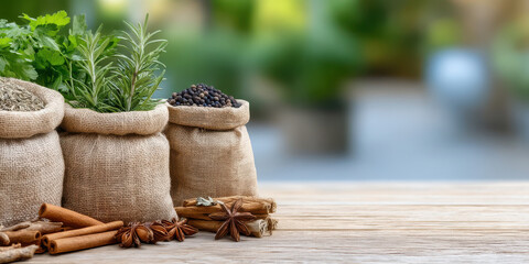 Herbs and spices in jute sacks with cinnamon sticks and star anise on wooden table