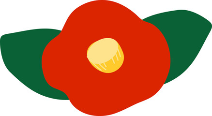 Japanese Camellia Flower Flat Illustration with Red Petals and Green Leaves