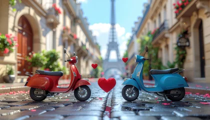 Sierkussen Scooter Two vintage scooters face each other on a cobblestone street with the Eiffel Tower in the distance, creating a whimsical, romantic, cartoon-style scene.  © Rosi