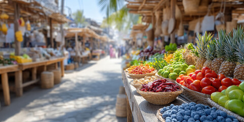 Fresh fruit and vegetable market stand with colorful produce in sunlight and shade