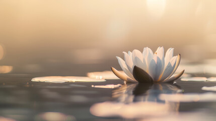 Lotus flower is in still water, with sunlight creating soft reflections on the surface while nearby lily pads float gently