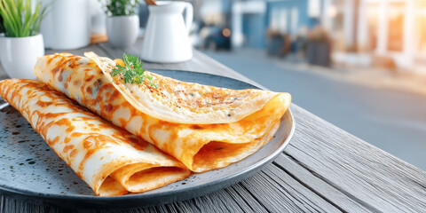 Folded crispy crepe on rustic plate with fresh herb garnish in bright kitchen