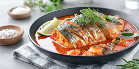 Fish curry with lime and fresh herbs served in black plate on cloth