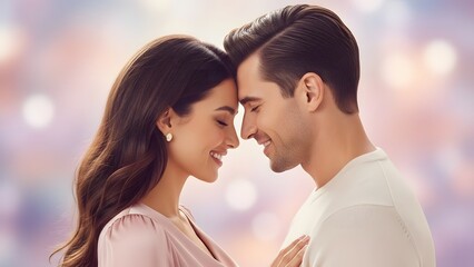 Fototapeta premium Smiling attractive couple presses their foreheads together against a bright, bokeh-filled background symbolizing romance and partnership.