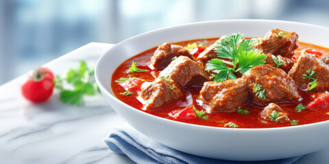 Tender beef stew with rich tomato sauce and fresh parsley garnish served in white bowl