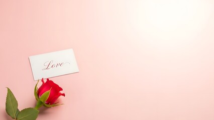 A single red rose bud rests beside a small white card inscribed with the word 'Love' against a pale pink surface.