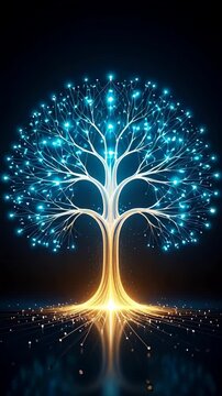 Glowing tree branches with golden and blue lights in a dark landscape symbolize growth, knowledge and illumination in an abstract representation.