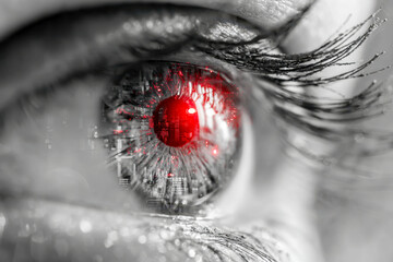 Human eye with futuristic digital red glowing technology elements symbolizing cybernetic vision and advanced artificial intelligence concepts in black and white tone