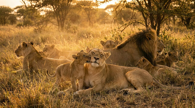 Lionceaux c&acirc;lins aupr&egrave;s de lionne protectrice dans la savane africaine dor&eacute;e au coucher du soleil
