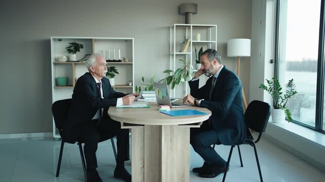 Senior and Middle Aged Businessmen Working Together in Modern Office