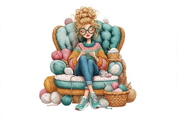 A girl is sitting in a big chair at home, knitting with colorful yarn. She smiles while surrounded by yarn balls and a basket