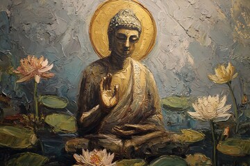 Buddha is depicted sitting with raised hand surrounded by lotus flowers in a serene outdoor space with a light backdrop