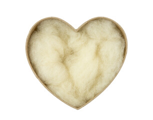 Sustainable packaging material natural waste leftover sheep wool. Soft wool inside brown heart shaped cardboard box. Using natural sustainable material for wrapping or packaging, products background. 