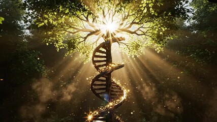 A DNA double helix structure spiraling around a tree trunk, surrounded by lush green leaves and sunlight filtering through the branches in a serene forest - Powered by Adobe