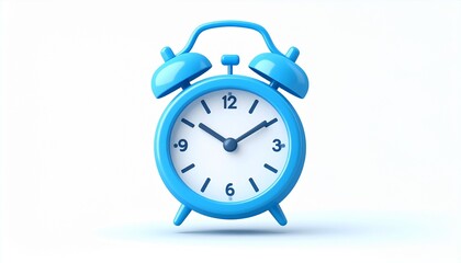 A classic retro blue alarm clock with metal bells is isolated on a white background, representing a vintage morning wake up timer and the deadline of a ticking hour