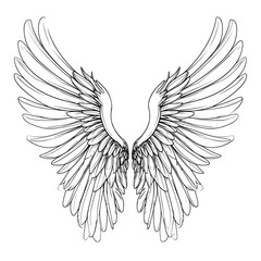 Vintage black simple angel wings and heart silhouette vector illustration for a grunge angel tattoo design symbol of love and flying bird element