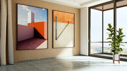 Naklejka premium Large luxury modern bright interiors Living room mockup illustration 3D rendering image