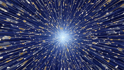 Fototapeta premium Explosion of blue light particles and streaks radiating from a central bright core on a dark background, suggesting hyperspace travel.