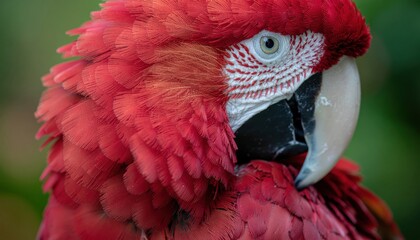 Close-up portrait of Scarlet Macaw looking off to the right side, wildlife photography, vibrant colors, exotic, nature, colorful plumage, avian beauty.