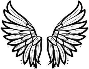 Vintage gothic tribal black and white simple angel wings tattoo illustration featuring a silhouette vector heart symbol with angel feather art elements