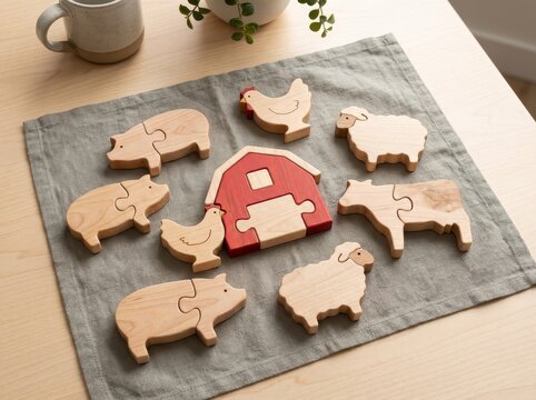 Wooden farm animal puzzle pieces arranged around a barn toy