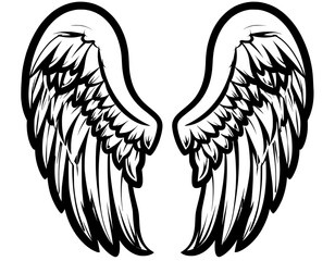 Vintage black simple angel wings tattoo design featuring a gothic heraldic bird wing silhouette and an animal head symbol vector illustration