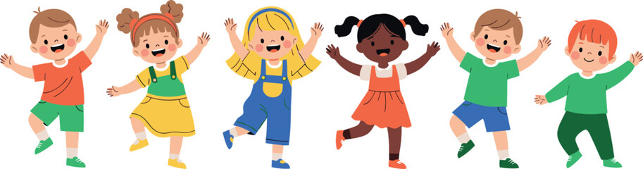 Happy diverse children jumping and dancing vector illustration showing joyful kids celebrating friendship, energy and playtime in flat cartoon style isolated on white background © MdNazmul