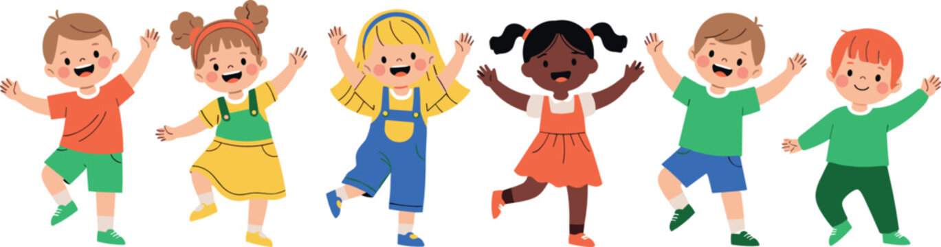 Happy diverse children jumping and dancing vector illustration showing joyful kids celebrating friendship, energy and playtime in flat cartoon style isolated on white background