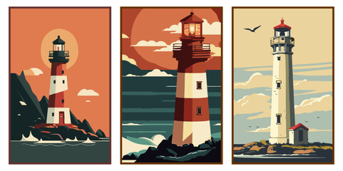 Set of three vintage-style lighthouse posters featuring coastal landscapes at sunset and daytime. Classic nautical vector illustrations for maritime decor and travel themes. © hadi