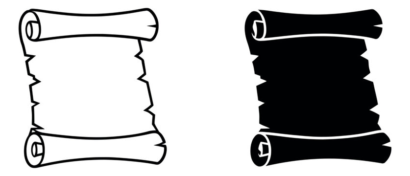 Line art and silhouette scroll set featuring blank rolled paper designs for historical documents or message display