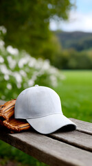 White Baseball Cap Mockup and Leather Glove on Wooden Bench Outdoors
