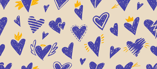 Seamless pattern with crayon hearts, angel wings and crown. Doodles elements for romantic designs, graffiti art, Valentine Day cards with chalk texture. Love background with hearts, vector illustratio