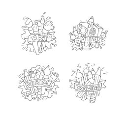 Sketch illustration with stationery. Doodle cute template about office supply with text. Hand drawn cartoon vector school design Icons of stationery for office and study in school.
