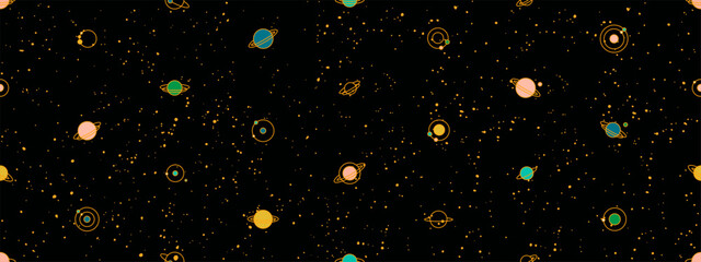 Space seamless pattern with planets, moons and stars. Abstract galaxy background, celestial pattern with cute planets with orbits and satellites in dark night sky, vector illustration