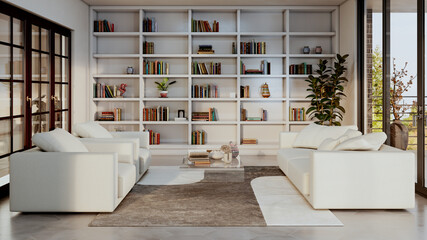 Naklejka premium Large luxury modern bright interiors Living room mockup illustration 3D rendering image