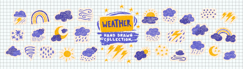 Crayon icons of weather, clouds and sun in sky. Doodle clouds with rain, lightning, snow, storm with chalk texture. Cute summer and winter weather icons drawn with crayon pencils, vector illustration